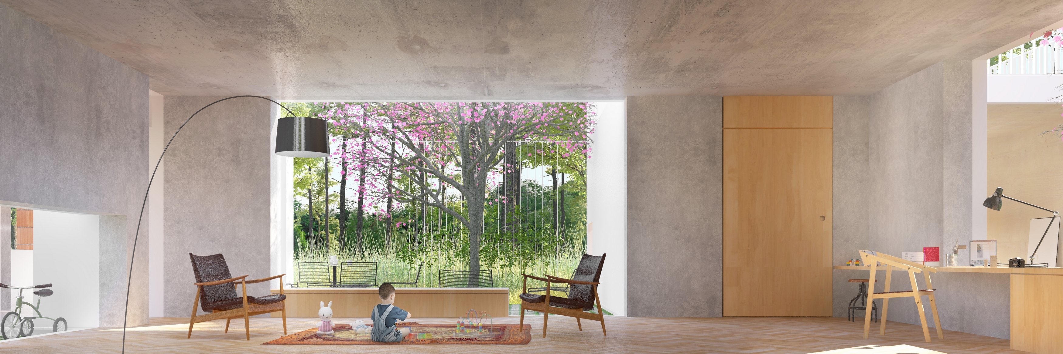 Casa DV. Imagine din interiorul casei, in zona de living, cu spatii vitrate ample